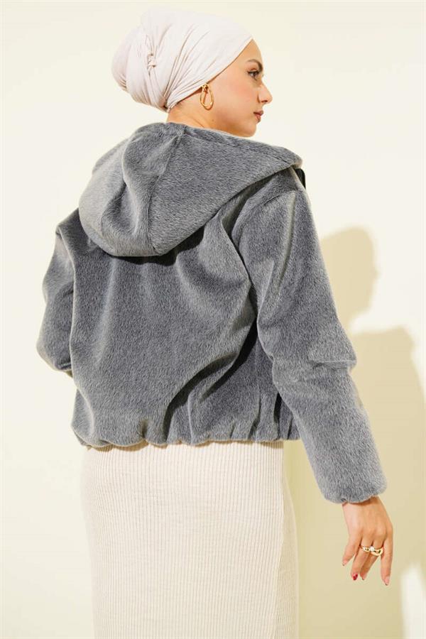 Hooded Short Cashmere Jacket Smoke