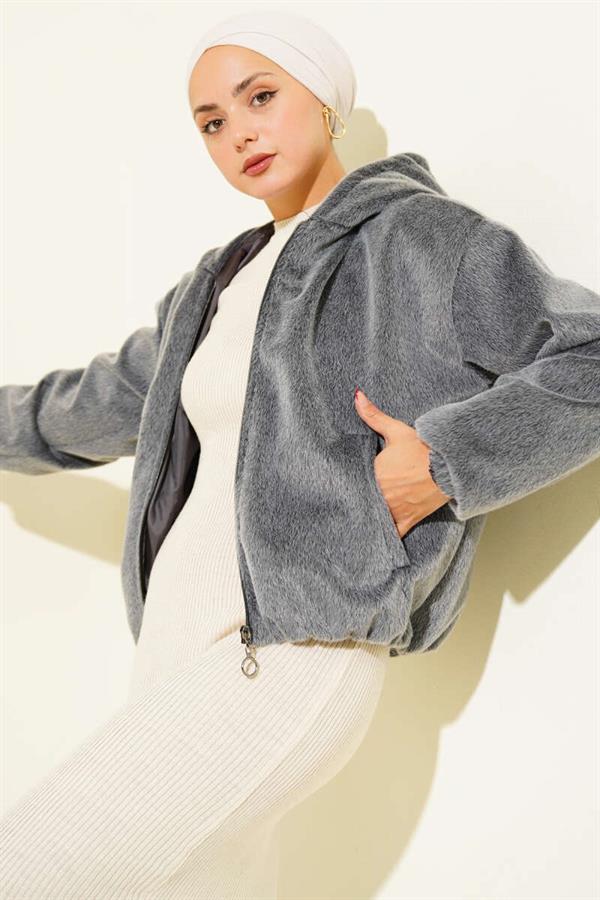 Hooded Short Cashmere Jacket Smoke