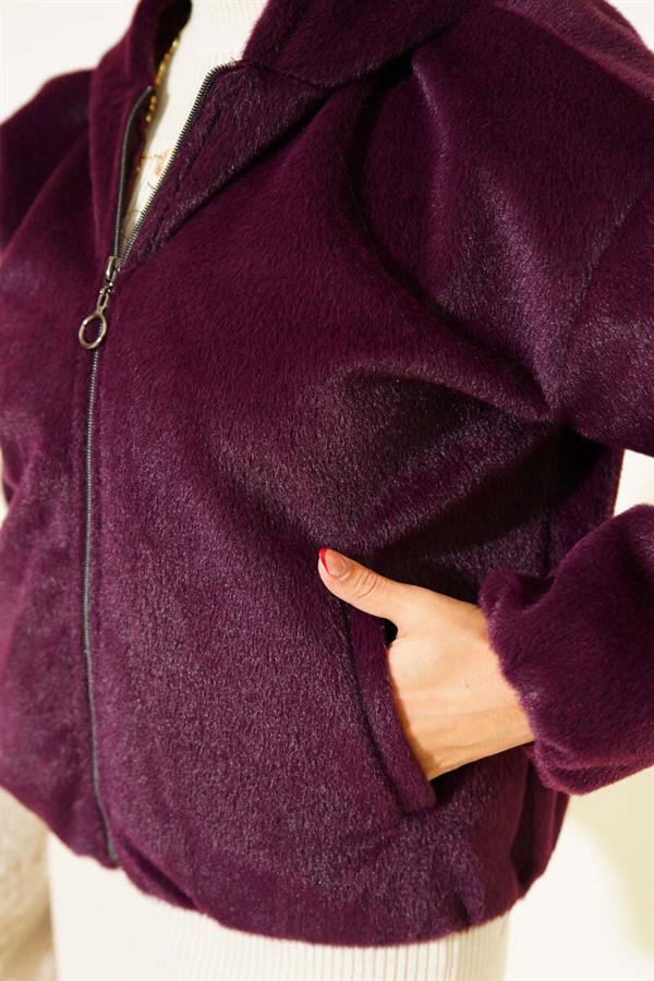 Hooded Short Cashmere Jacket Plum