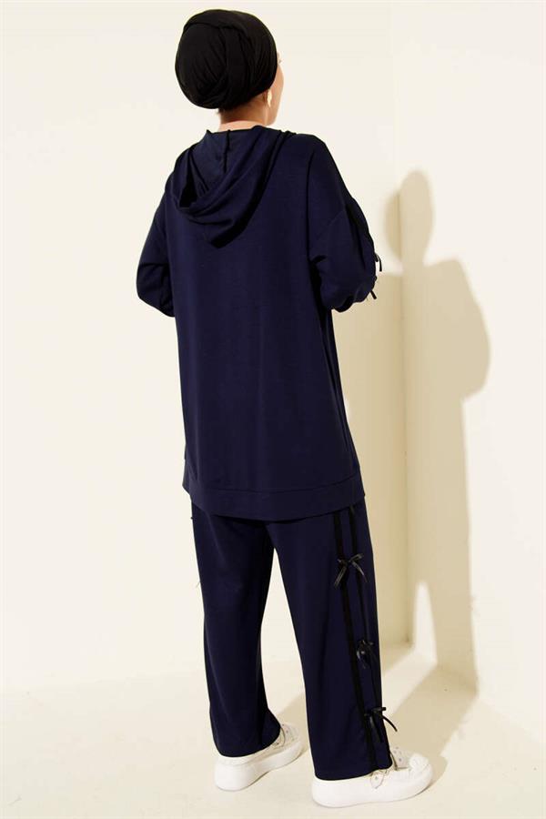 Hooded Ribbon Detailed Loysha 2 Piece Set Navy Blue