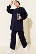 Hooded Ribbon Detailed Loysha 2 Piece Set Navy Blue