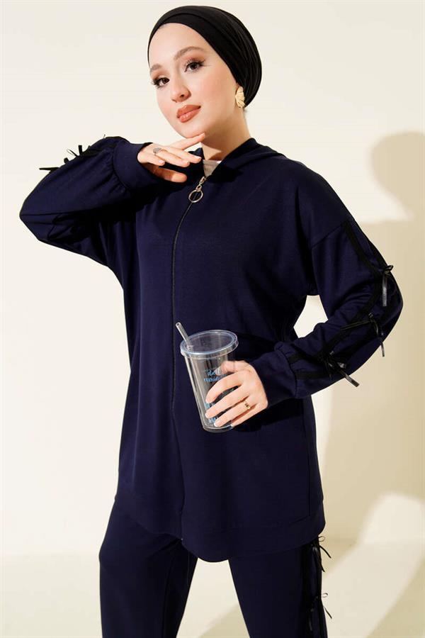 Hooded Ribbon Detailed Loysha 2 Piece Set Navy Blue