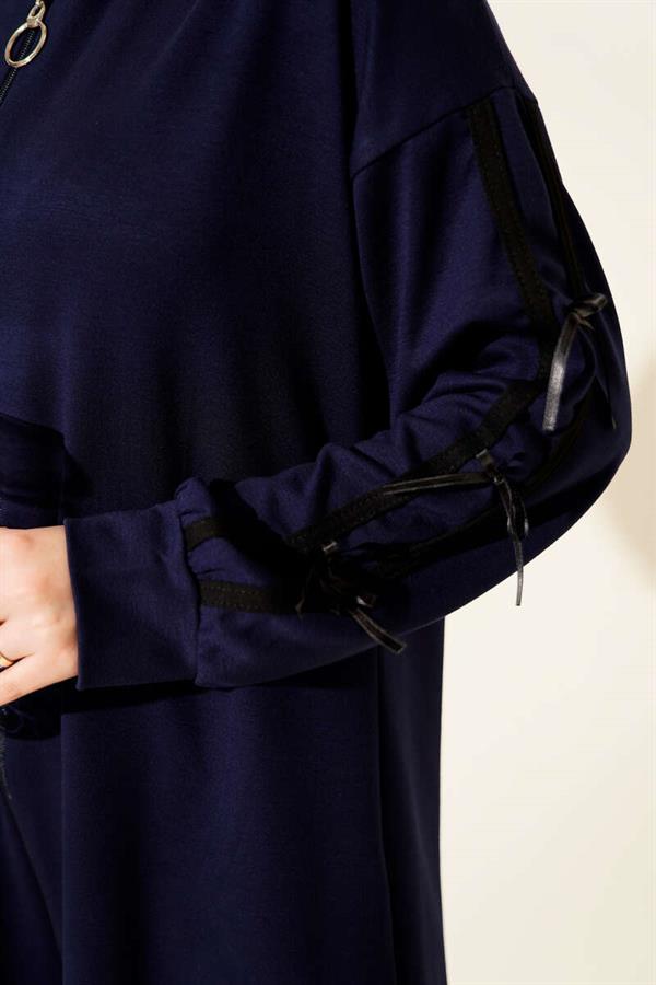 Hooded Ribbon Detailed Loysha 2 Piece Set Navy Blue