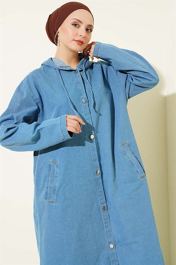 Denim Hooded Jacket with Metal Buttons, Light Blue