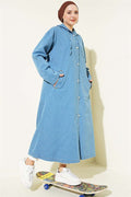Denim Hooded Jacket with Metal Buttons, Light Blue
