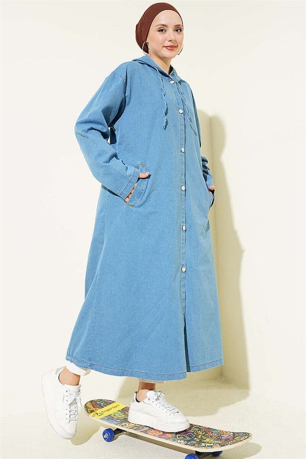 Denim Hooded Jacket with Metal Buttons, Light Blue