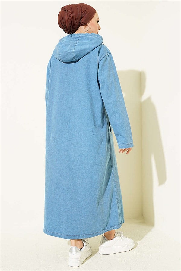 Denim Hooded Jacket with Metal Buttons, Light Blue