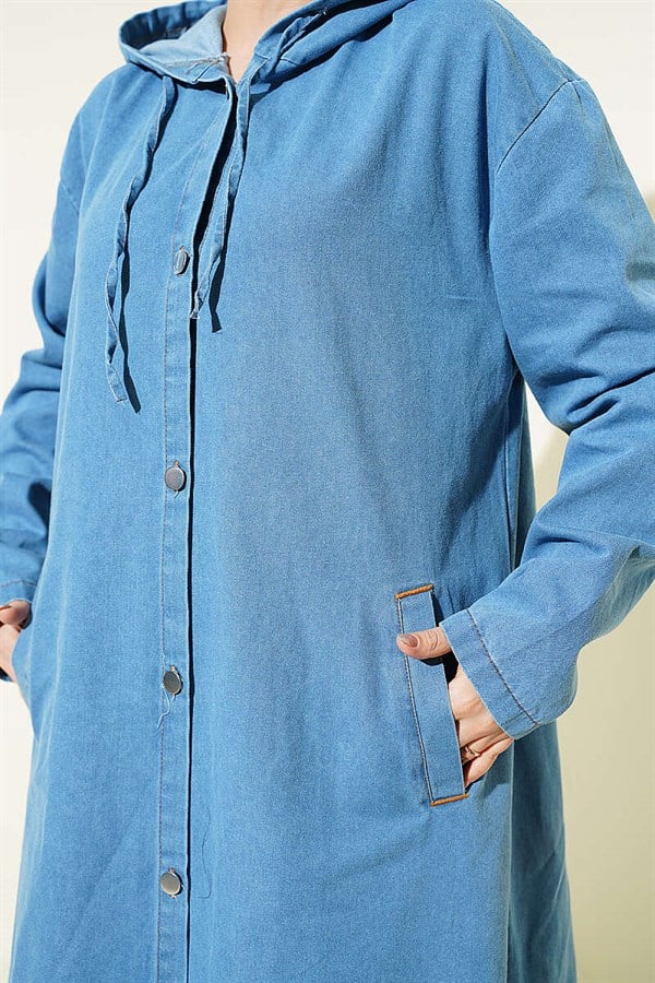 Denim Hooded Jacket with Metal Buttons, Light Blue