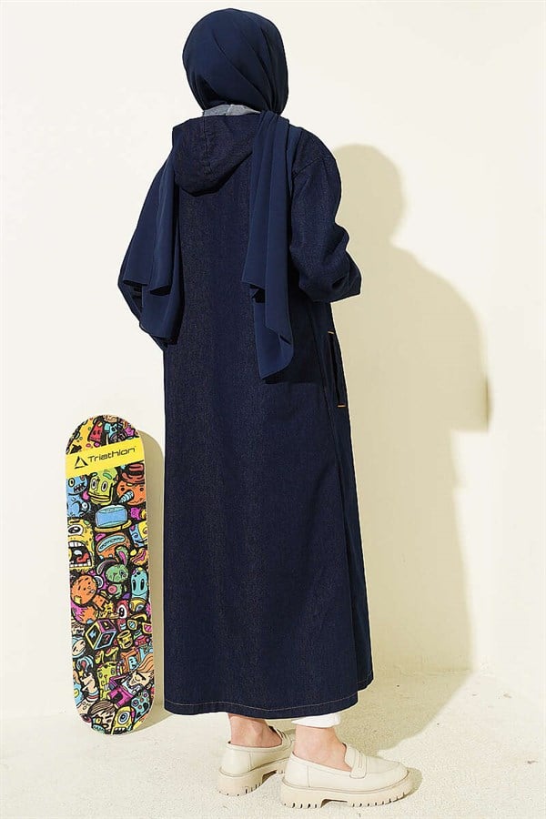 Navy Blue Denim Hooded Jacket with Metal Buttons