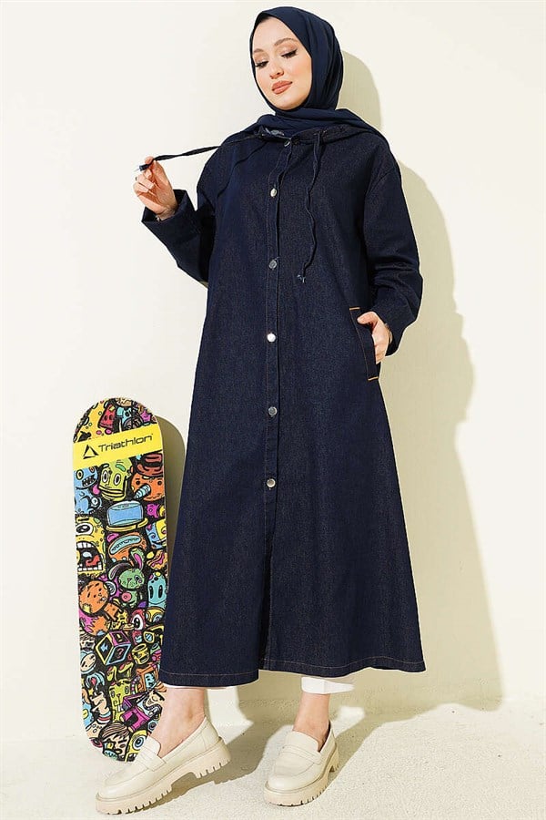 Navy Blue Denim Hooded Jacket with Metal Buttons