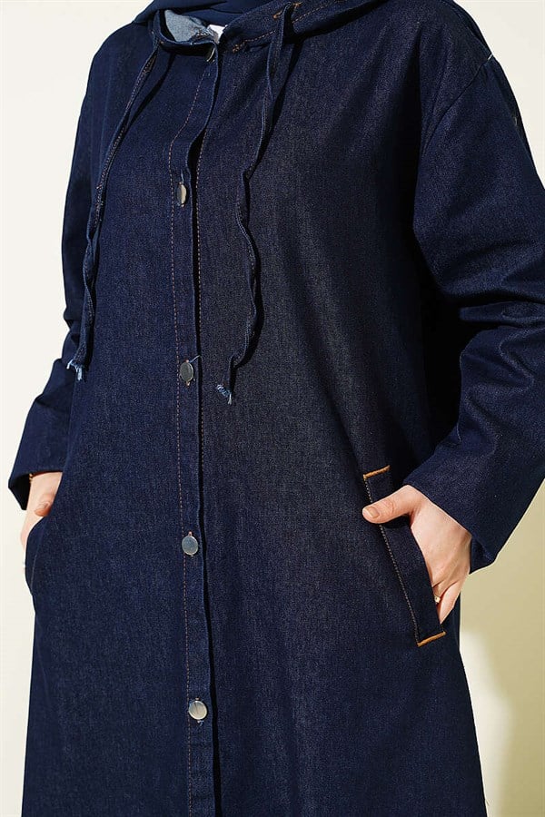 Navy Blue Denim Hooded Jacket with Metal Buttons