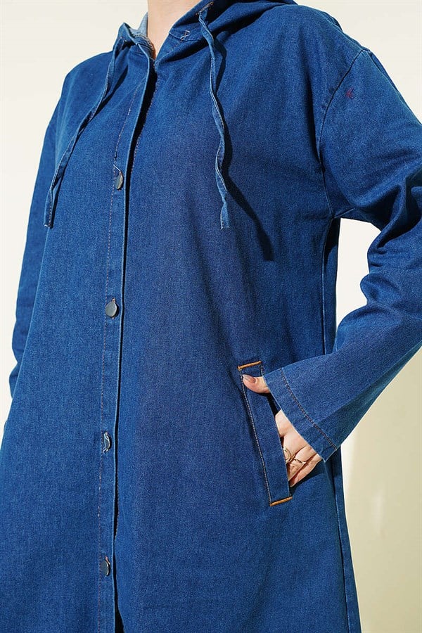 Hooded Denim Jacket with Metal Buttons, Blue