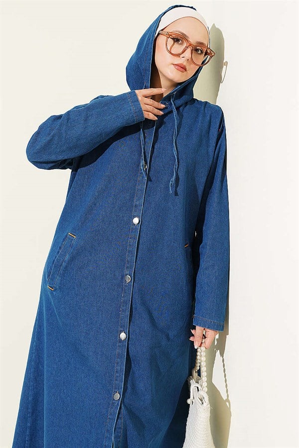 Hooded Denim Jacket with Metal Buttons, Blue