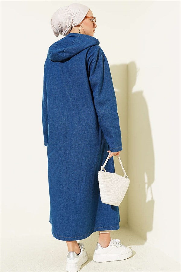 Hooded Denim Jacket with Metal Buttons, Blue