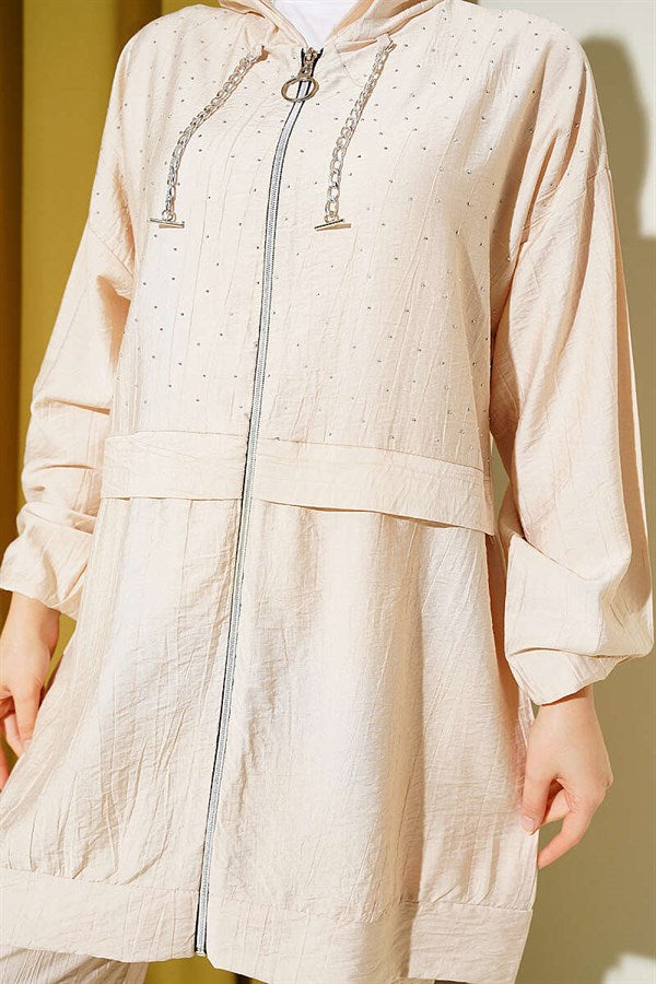Hooded Mini 2 Piece Set with Rhinestones, Beige
