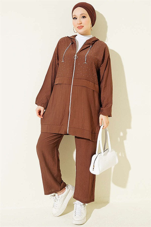 Hooded Mini Two-Piece Set with Rhinestones, Chestnut Color