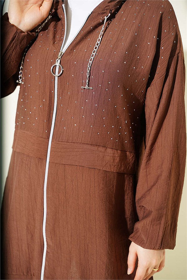 Hooded Mini Two-Piece Set with Rhinestones, Chestnut Color