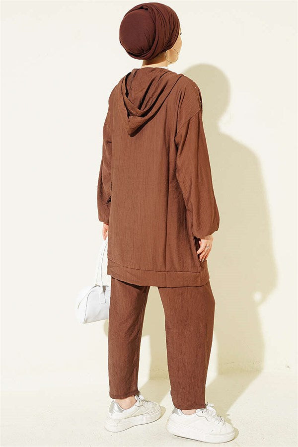 Hooded Mini Two-Piece Set with Rhinestones, Chestnut Color