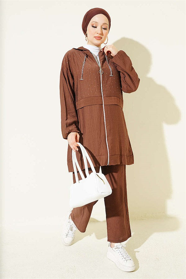 Hooded Mini Two-Piece Set with Rhinestones, Chestnut Color