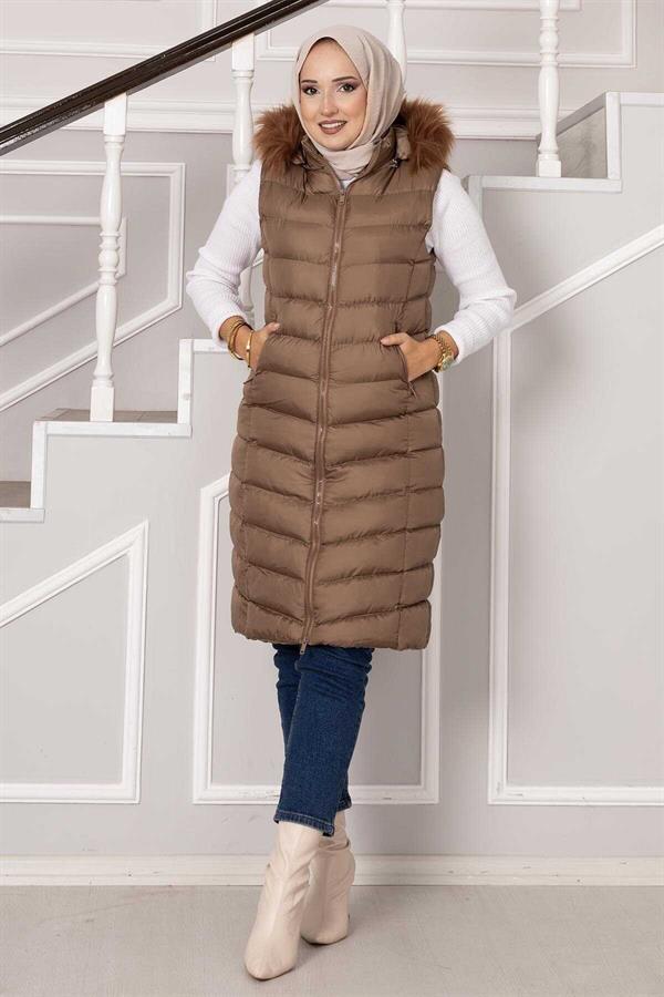 Hooded Puffer Vest Brown