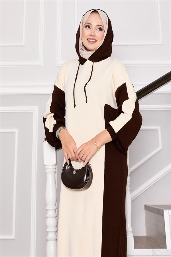 Hooded Sports Knit Dress Ecru-Brown