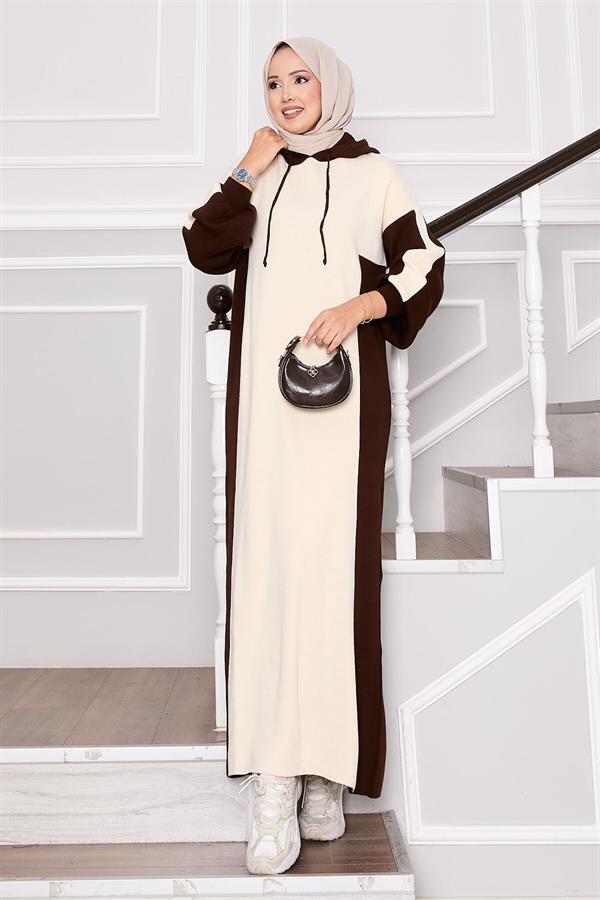 Hooded Sports Knit Dress Ecru-Brown