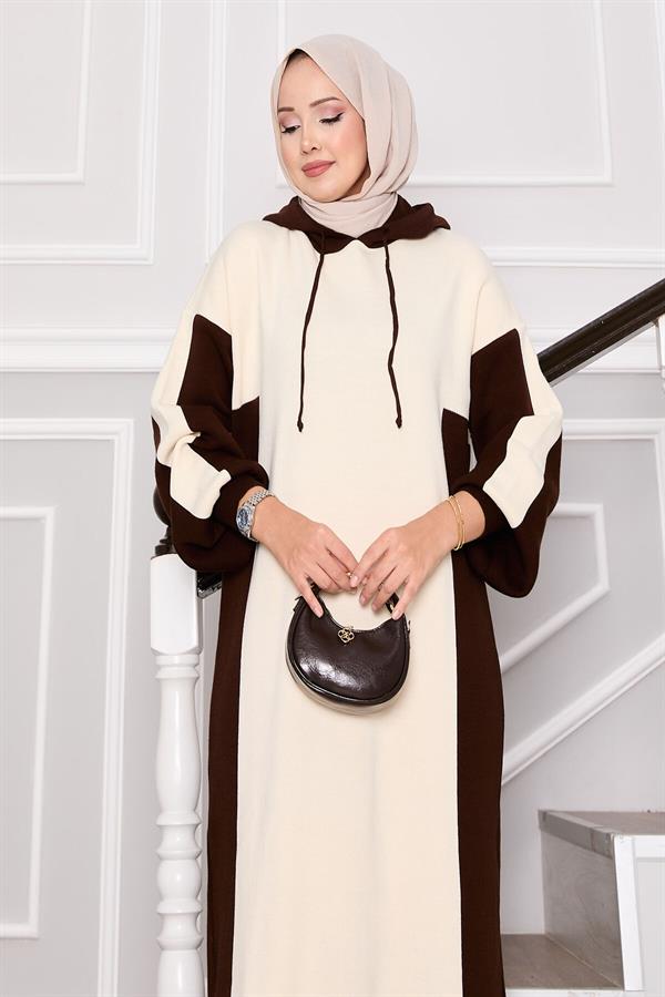 Hooded Sports Knit Dress Ecru-Brown