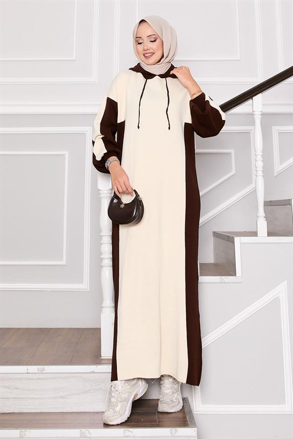 Hooded Sports Knit Dress Ecru-Brown