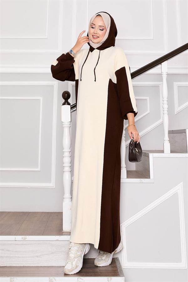 Hooded Sports Knit Dress Ecru-Brown