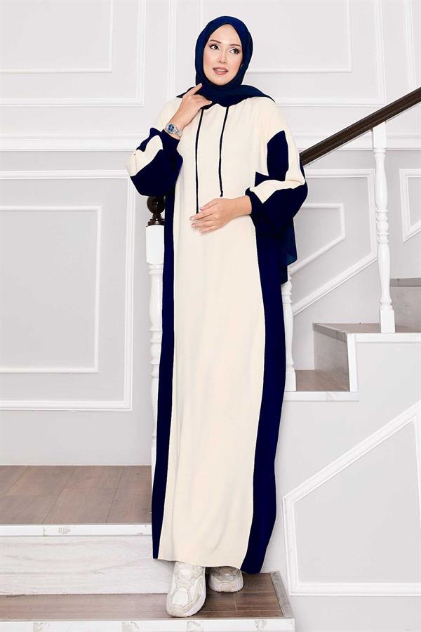 Hooded Sports Knit Dress Ecru-Navy Blue