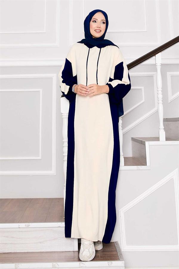 Hooded Sports Knit Dress Ecru-Navy Blue
