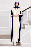 Hooded Sports Knit Dress Ecru-Navy Blue
