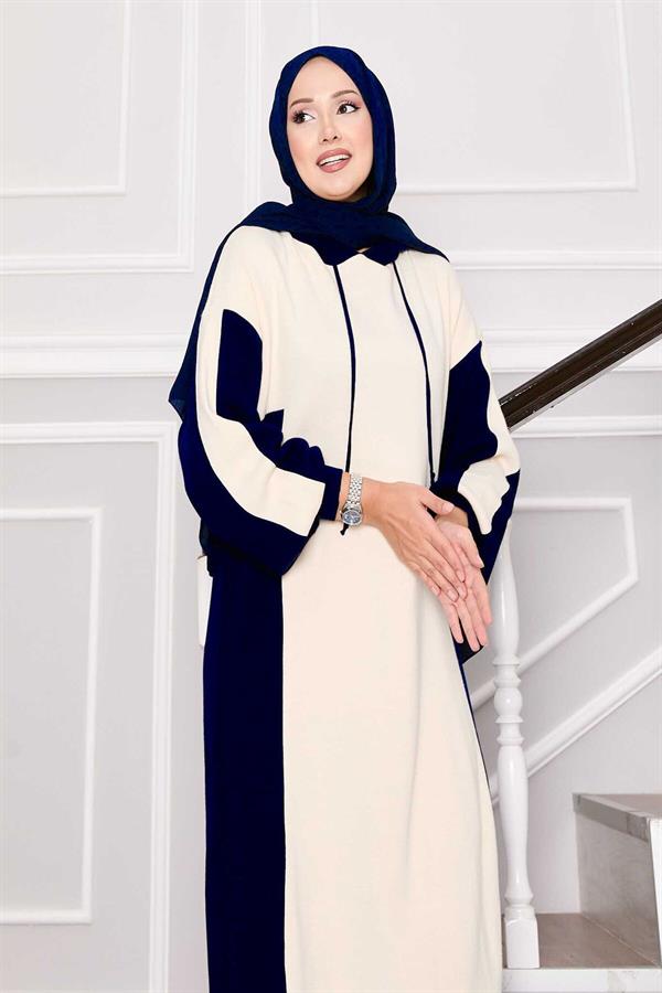 Hooded Sports Knit Dress Ecru-Navy Blue