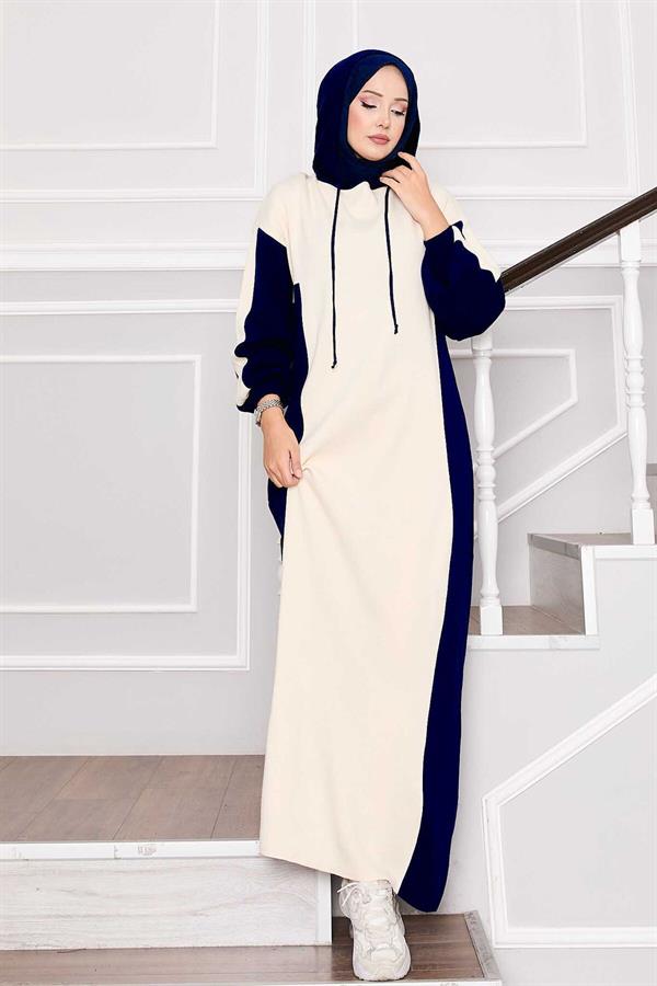 Hooded Sports Knit Dress Ecru-Navy Blue