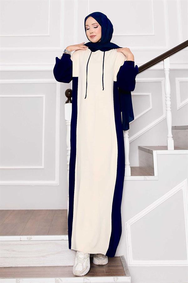 Hooded Sports Knit Dress Ecru-Navy Blue