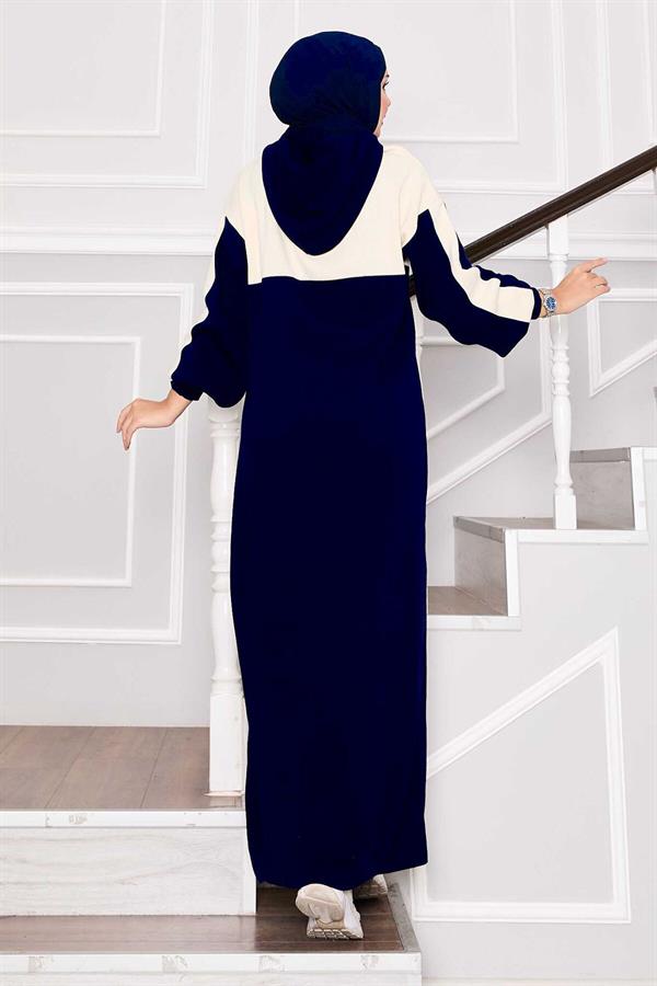 Hooded Sports Knit Dress Ecru-Navy Blue