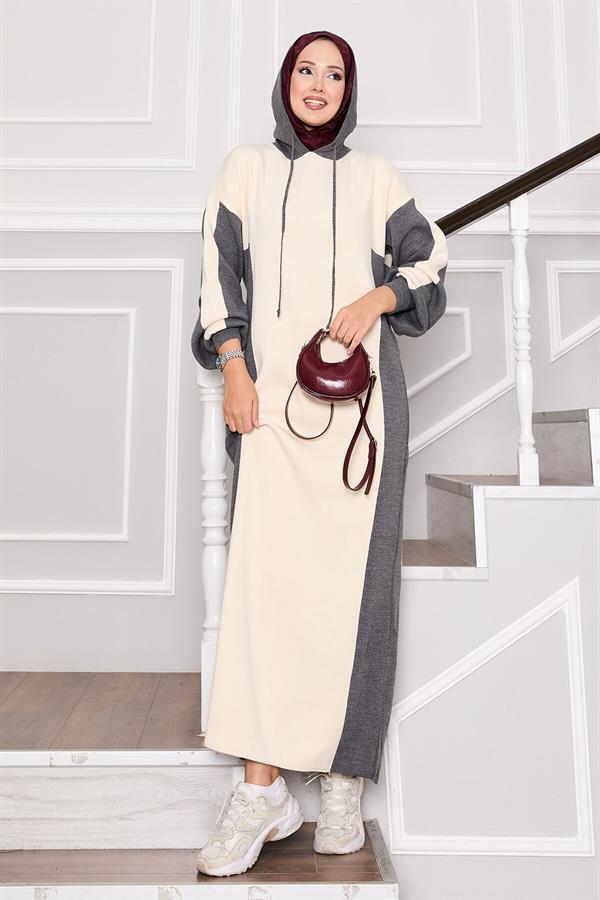Hooded Sports Knit Dress Gray-Ecru