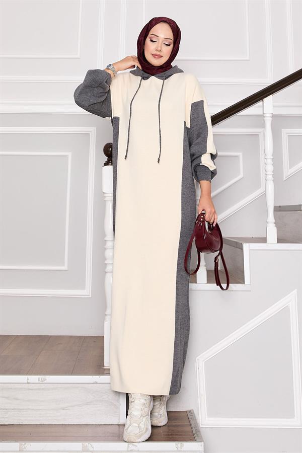 Hooded Sports Knit Dress Gray-Ecru
