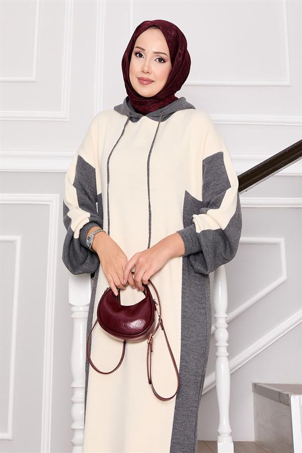 Hooded Sports Knit Dress Gray-Ecru