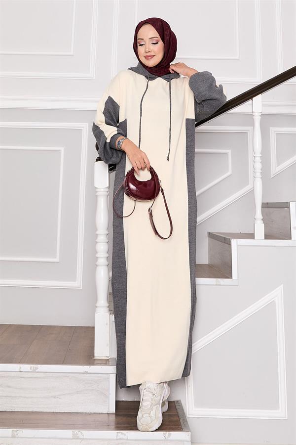 Hooded Sports Knit Dress Gray-Ecru