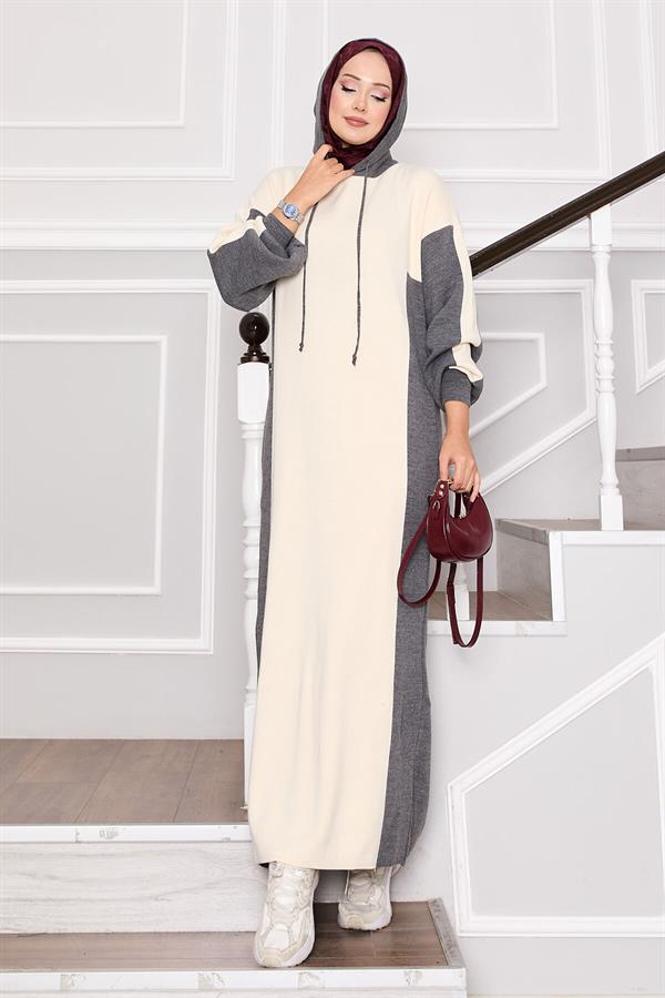 Hooded Sports Knit Dress Gray-Ecru