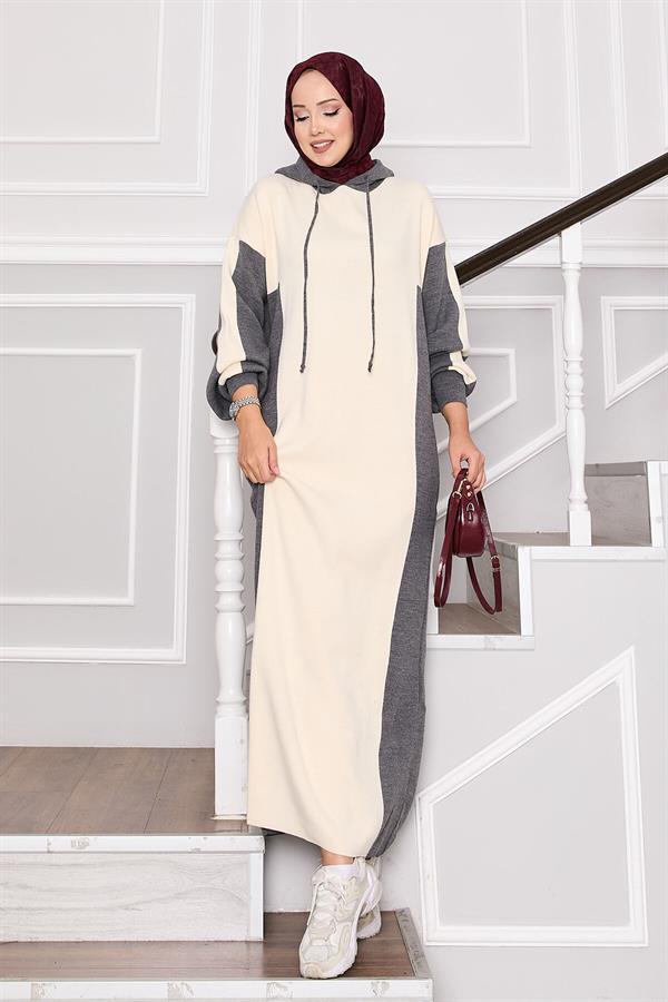 Hooded Sports Knit Dress Gray-Ecru