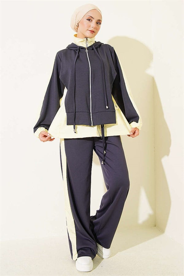 Hooded Collar Trimmed Two-Piece Set, Smoke Grey