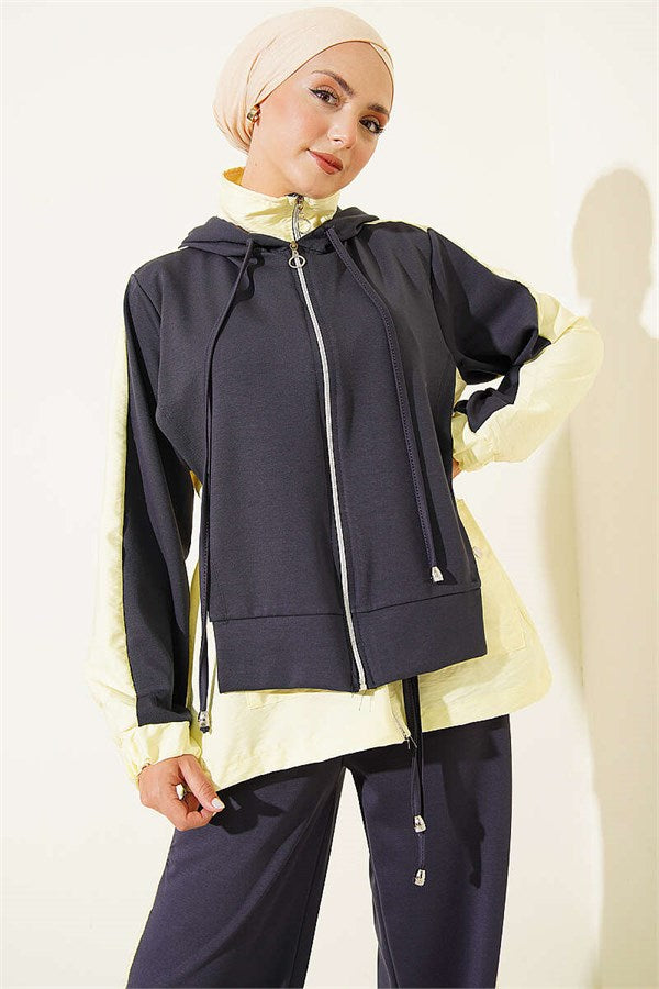 Hooded Collar Trimmed Two-Piece Set, Smoke Grey