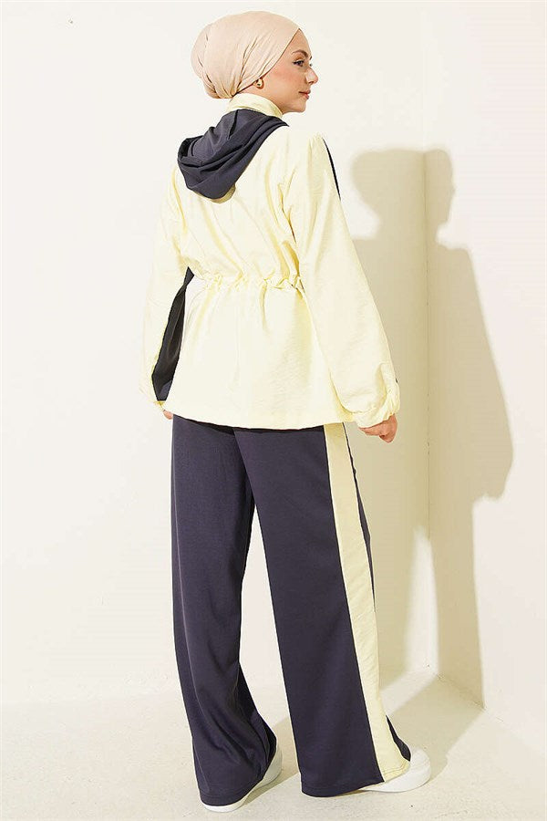 Hooded Collar Trimmed Two-Piece Set, Smoke Grey