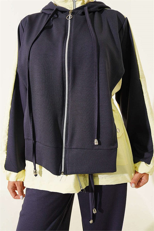 Hooded Collar Trimmed Two-Piece Set, Smoke Grey
