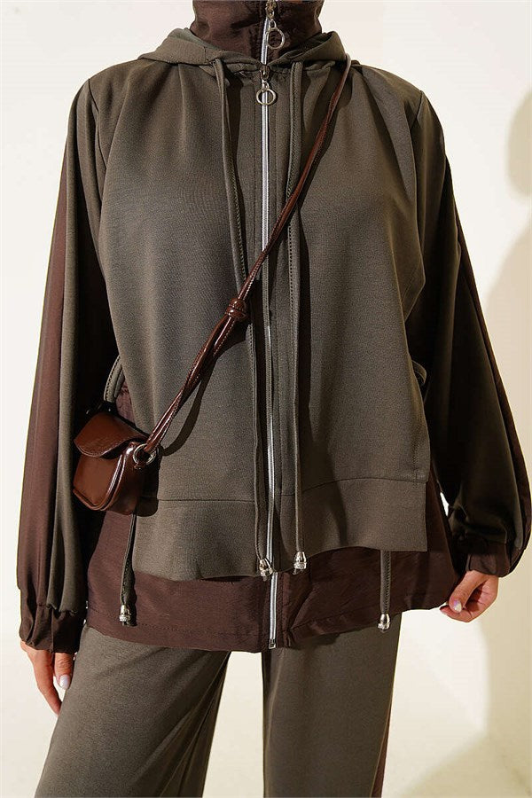 Hooded Collar Trimmed 2 Piece Set, Khaki