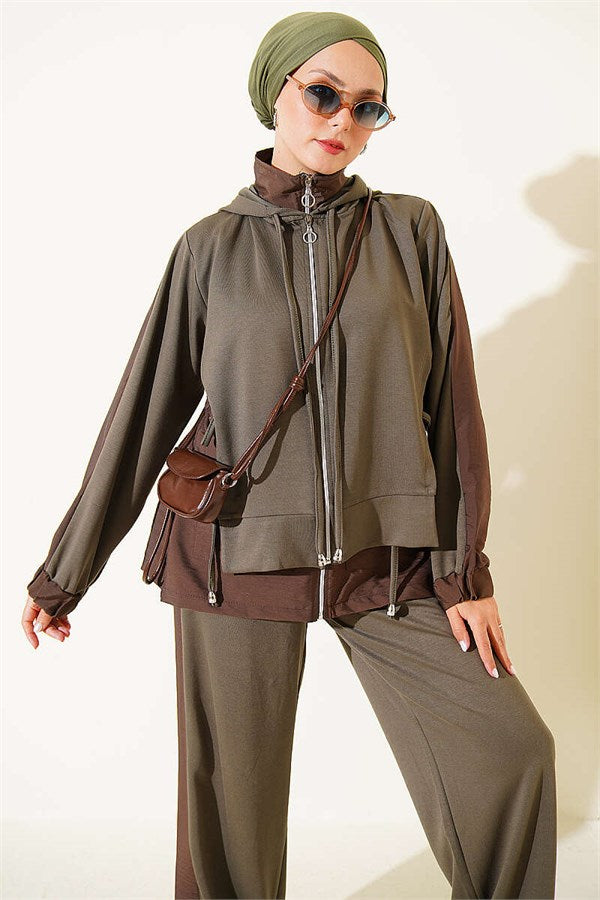Hooded Collar Trimmed 2 Piece Set, Khaki