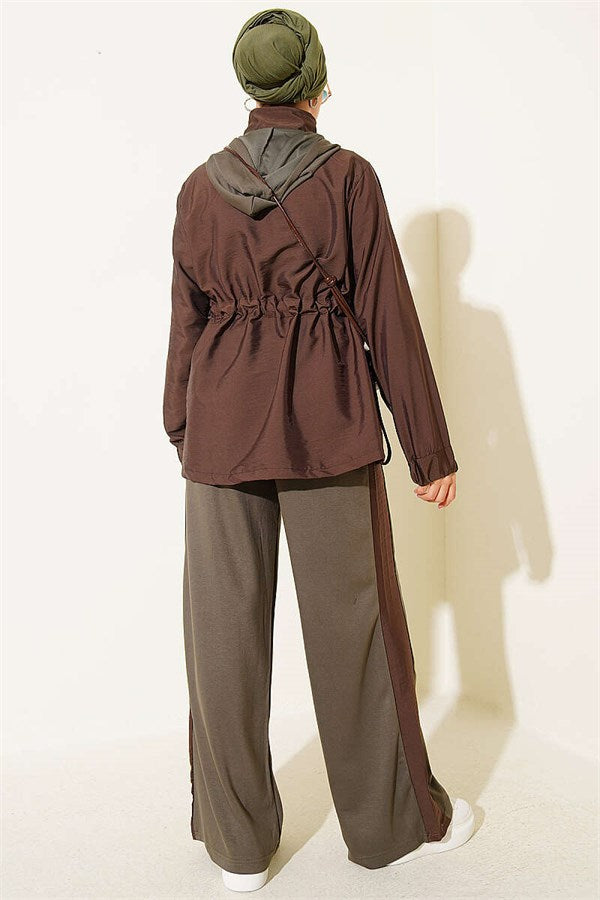 Hooded Collar Trimmed 2 Piece Set, Khaki