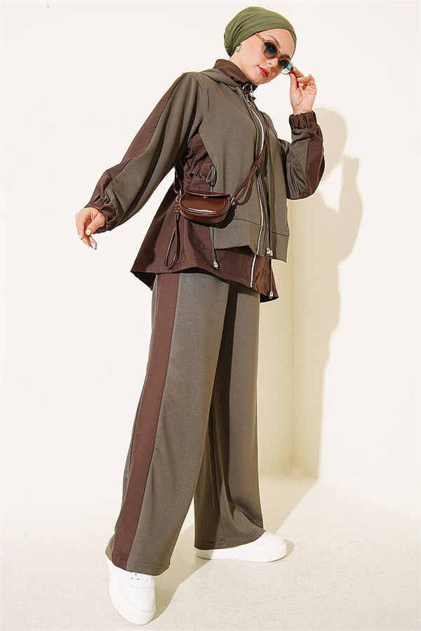 Hooded Collar Trimmed 2 Piece Set, Khaki